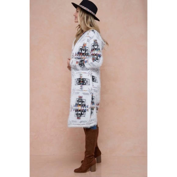 Aztec Rainbow Boho Cowichan Jacquard Eyelash Fuzzy Cardigan Knit Sweater - Picture 3 of 6